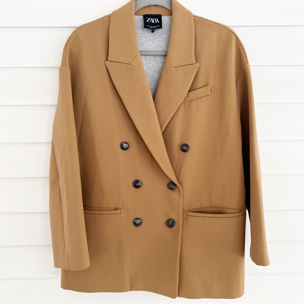 Zara Tan Double-Breasted Oversized Cotton Blazer, Small/Medium